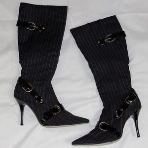 Black Pinstripe Video Vixen Knee High Heel Boots - 8.5W